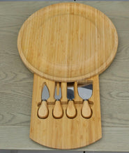 Load image into Gallery viewer, Wooden Cheese Board Oval Natural Bamboo with Slide Out Draw & 4 Knives