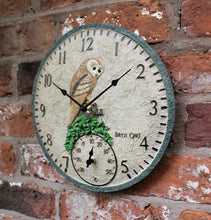 Load image into Gallery viewer, Garden Wall Station Thermometer Clock Outdoor Indoor 12β Bird Owl design