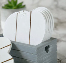 Load image into Gallery viewer, 6pc Grey Wooden Heart Coasters & Holder Vintage Shabby Chic