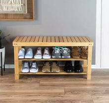 Load image into Gallery viewer, 3 Tier Shoe Rack Seating Bench Hallway Storage Organiser Holder Stand Bamboo