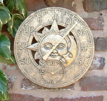 Load image into Gallery viewer, Outdoor Garden Wall Station Sun &amp; Moon Clock Copper Effect with Thermometer
