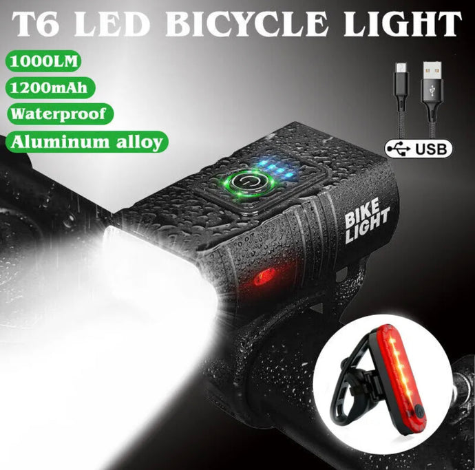 Bicycle Front & Rear Bike Lights USB Rechargeable Bicycle T6 LED Torch Lamp Set