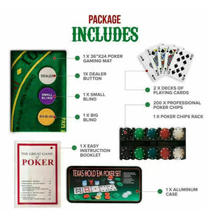 NEW Poker Set - 200 Piece Texas Hold Em Chips Cards Decks Casino Case