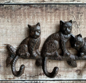 Cast Iron Vintage Style Coat / Key Hooks Cat Theme