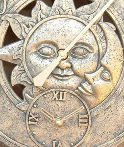 Outdoor Garden Wall Station Sun & Moon Clock Copper Effect with Thermometer