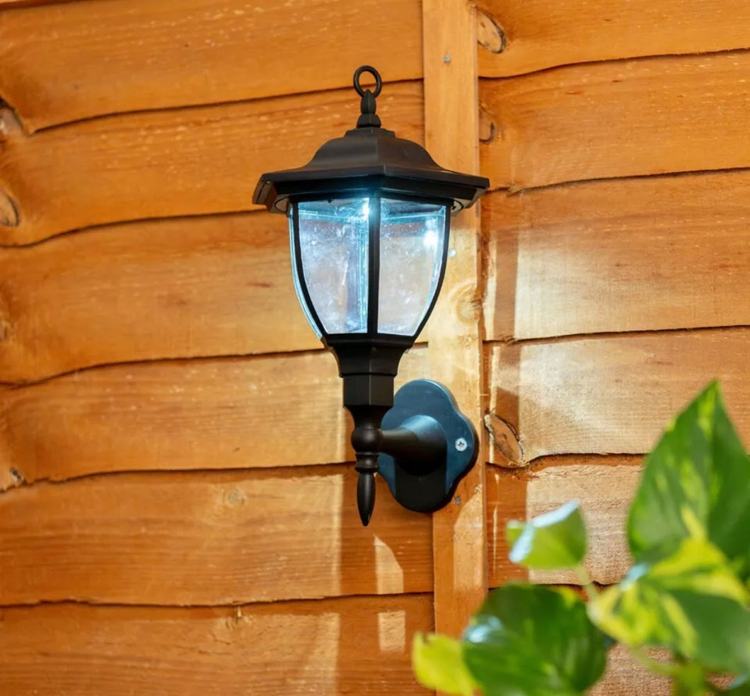 2x Black Traditional Lantern Solar Wall Lights Outdoor Garden Fence Lighting