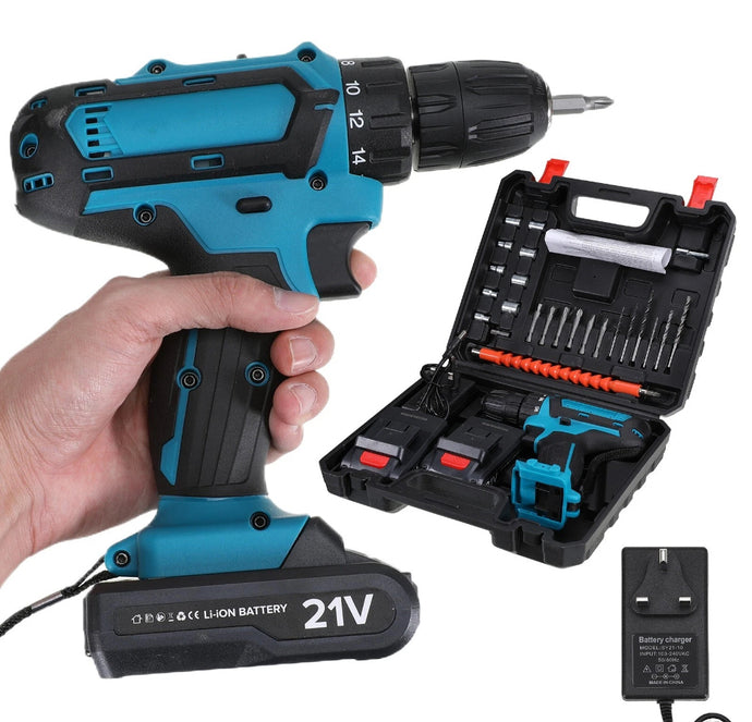 21V Cordless Drill Combi Screwdriver Set with 2 Batteries