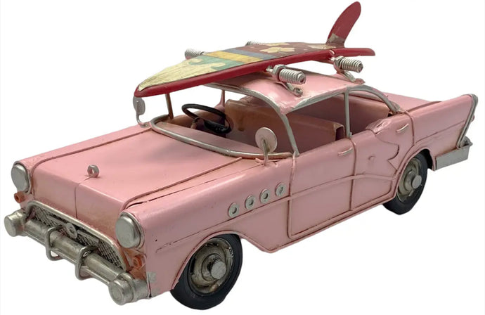 Pink or Blue Vintage Car With Surf Board Metal Retro Style Model Surf Car Shelf Ornament