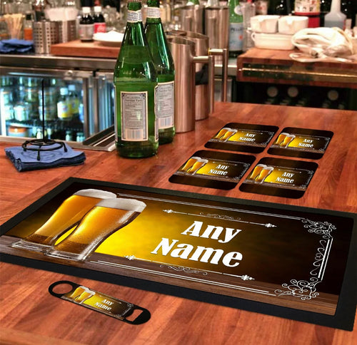 Personalised Home Bar Kit. Runner, Bottle Opener & Coasters Gift Set ADD YOUR NAME TEXT