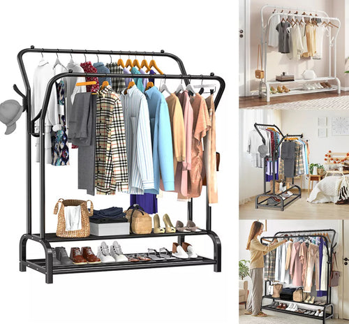 Metal Double Rail Clothes Garment Rack & Shelves