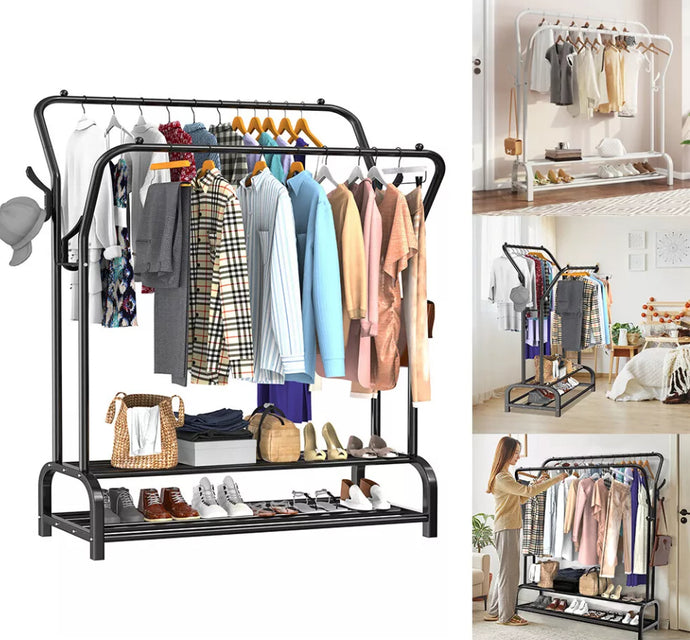 Metal Double Rail Clothes Garment Rack & Shelves