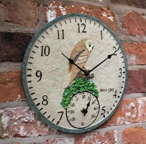 Garden Wall Station Thermometer Clock Outdoor Indoor 12” Bird Owl design