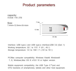 2TB USB 3.0 Memory Stick Metal Flash Pen Drive Data Storage