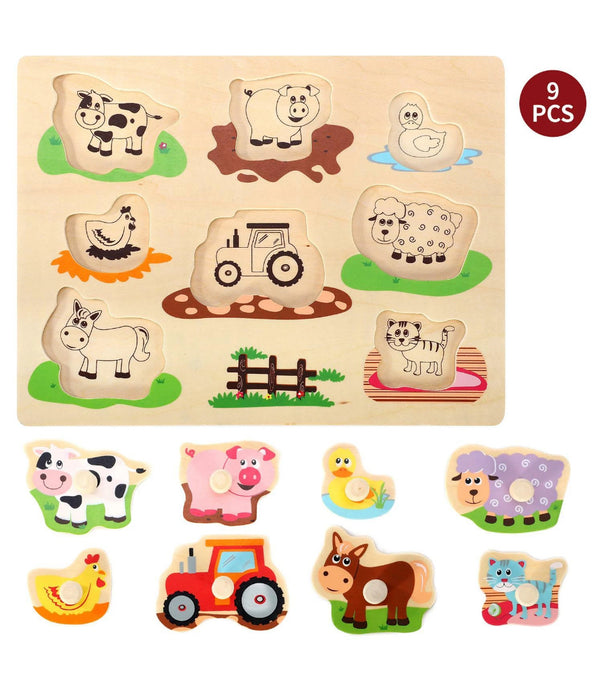 Wooden Farm Animals Peg Puzzles Board Jigsaw Educational Toy