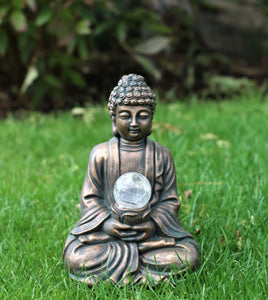 Garden Ornament Solar Buddha ZEN Colour Changing Brass Effect Outdoor or Indoor