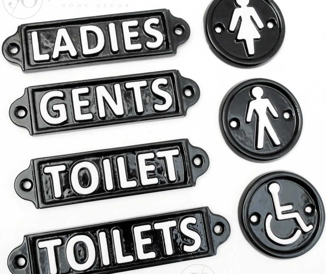 Vintage Style Toilets Door Signs Cast Iron Gents Ladies Black & White