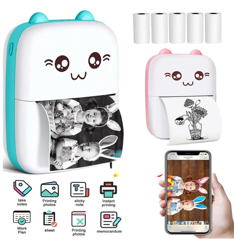 Mini Bluetooth Thermal Printer + 5 Rolls Thermal Paper Photo / Label Printer