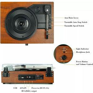 Vinyl Record Player Retro Style Turntable with Built-in Speakers Bluetooth Aux