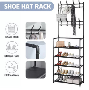 Hat & Coat Rail Stand Compact Floor Stand Hanger 5 Tier Shoe Rack