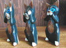 Load image into Gallery viewer, Set of 3 Hear Speak See No Evil Wooden Cat Ornaments Hand Carved &amp; Painted Gift