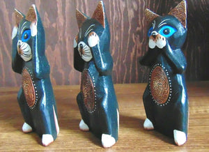 Set of 3 Hear Speak See No Evil Wooden Cat Ornaments Hand Carved & Painted Gift