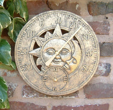 Load image into Gallery viewer, Outdoor Garden Wall Station Sun &amp; Moon Clock Copper Effect with Thermometer