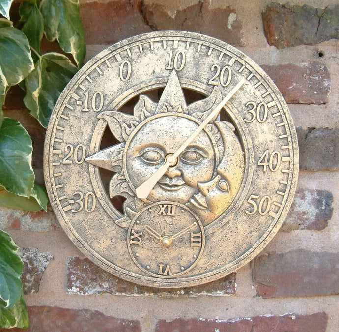 Outdoor indoor Garden Wall Station Sun & Moon Clock Copper Effect with Thermometer