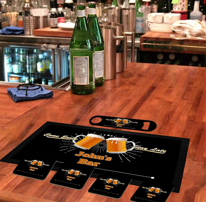 Personalised Home Bar Kit. Runner, Bottle Opener & Coasters Gift Set ADD YOUR NAME TEXT