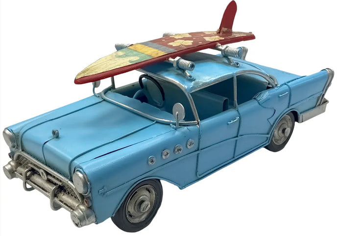 Blue Vintage Car With Surf Board Metal Retro Style Model Surf Car Shelf Ornament