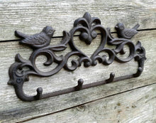 Load image into Gallery viewer, Love Birds 4 Hooks Coat Hanger Cast Iron Brown Rustic