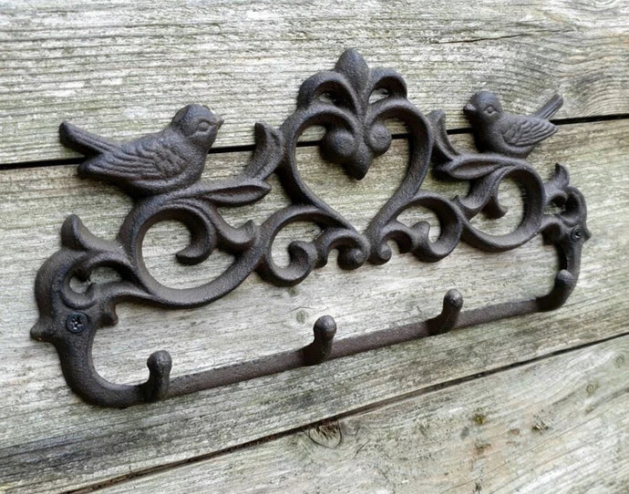 Love Birds 4 Hooks Coat Hanger Cast Iron Brown Rustic