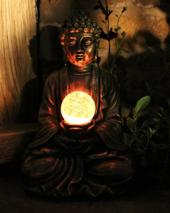 Garden Ornament Solar Buddha ZEN Colour Changing Brass Effect Outdoor or Indoor