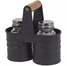 Load image into Gallery viewer, Salt and Pepper Shakers Set Glass Pots Cruet Jars with Metal Tin Storage Holder