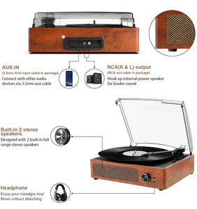 Vinyl Record Player Retro Style Turntable with Built-in Speakers Bluetooth Aux