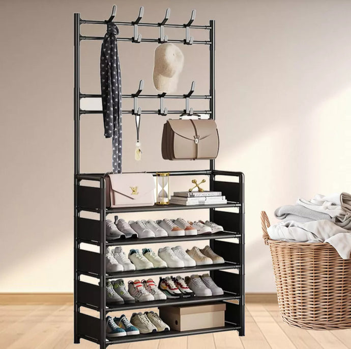 Coat Stand Compact Hanger & 5 Tier Shoe Rack