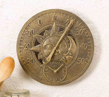 Load image into Gallery viewer, Outdoor Garden Wall Station Sun &amp; Moon Clock Copper Effect with Thermometer