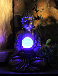 Garden Ornament Solar Buddha ZEN Colour Changing Brass Effect Outdoor or Indoor