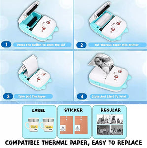 Mini Thermal Label Printer+6 Rolls Thermal Paper Bluetooth Photo Printer