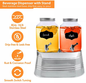 2 x 4 Litre Glass Beverage Drinks Dispenser Jug Jar