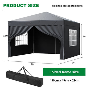 3x3M 3 Metre Pop Up Marquee Gazebo with 4 Sides Black Waterproof