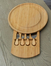 Load image into Gallery viewer, Wooden Cheese Board Oval Natural Bamboo with Slide Out Draw &amp; 4 Knives