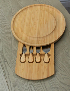 Wooden Cheese Board Oval Natural Bamboo with Slide Out Draw & 4 Knives