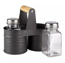 Load image into Gallery viewer, Salt and Pepper Shakers Set Glass Pots Cruet Jars with Metal Tin Storage Holder