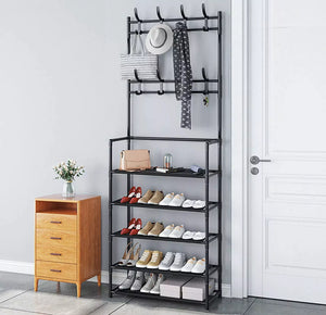 Hat & Coat Rail Stand Compact Floor Stand Hanger 5 Tier Shoe Rack