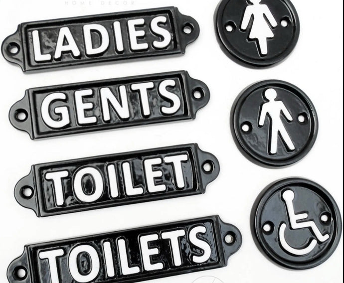 Vintage Style Toilet Door Signs Cast Iron Gents Ladies Black & White