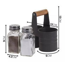 Load image into Gallery viewer, Salt and Pepper Shakers Set Glass Pots Cruet Jars with Metal Tin Storage Holder