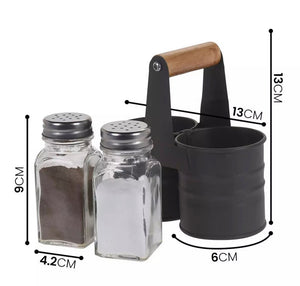 Salt and Pepper Shakers Set Glass Pots Cruet Jars with Metal Tin Storage Holder