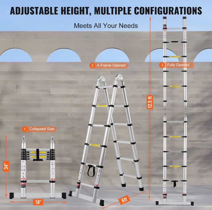 3.8m Metre A-Shape Telescopic Extension Ladder 12.5ft