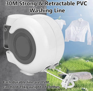 30m Retractable Clothes Reel Double Washing Line Wall Mounted Outdoor