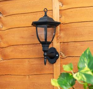 2x Black Traditional Lantern Solar Wall Lights Outdoor Garden Fence Lighting